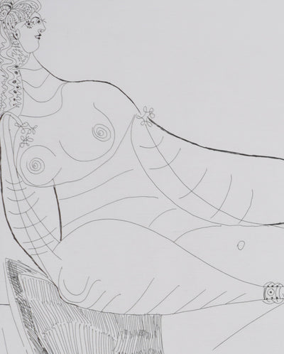 Pablo PICASSO : Les 156, Femme au lit, avec visiteurs en costume du XVIIe siècle, Gravure originale signée
