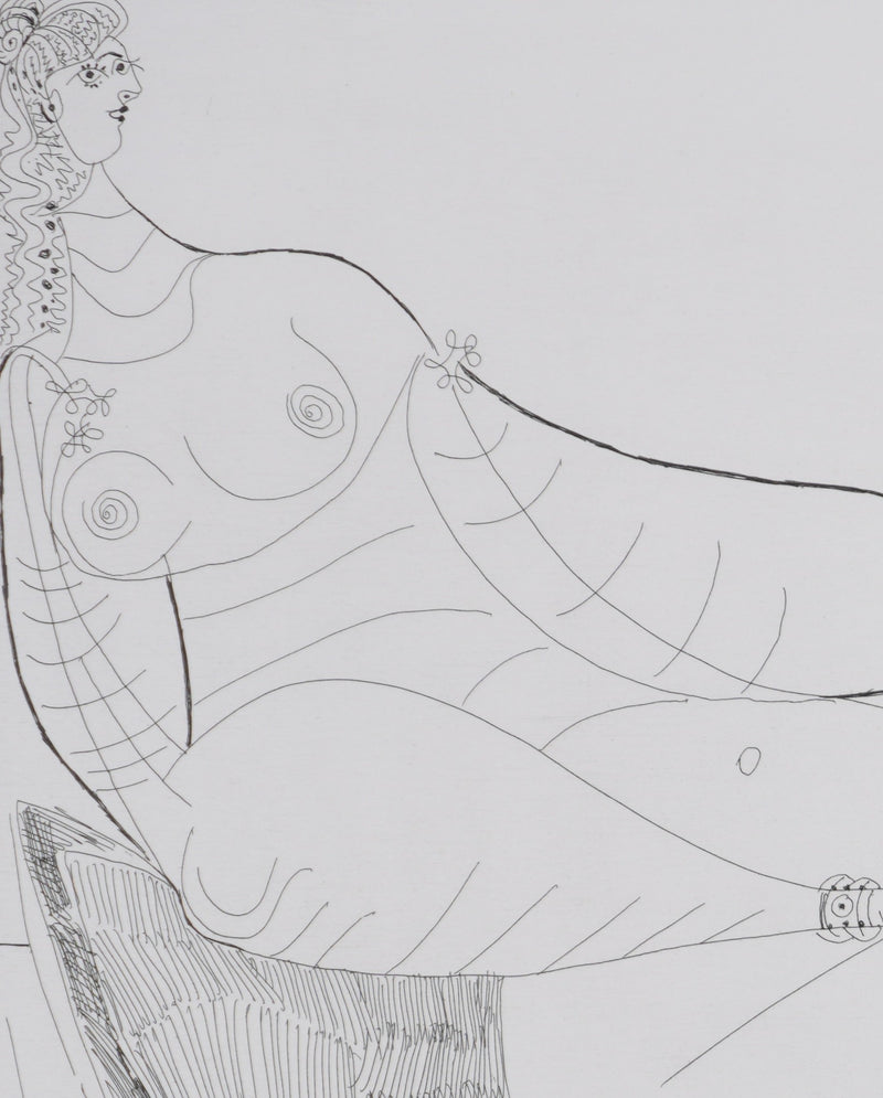 Pablo PICASSO : Les 156, Femme au lit, avec visiteurs en costume du XVIIe siècle, Gravure originale signée