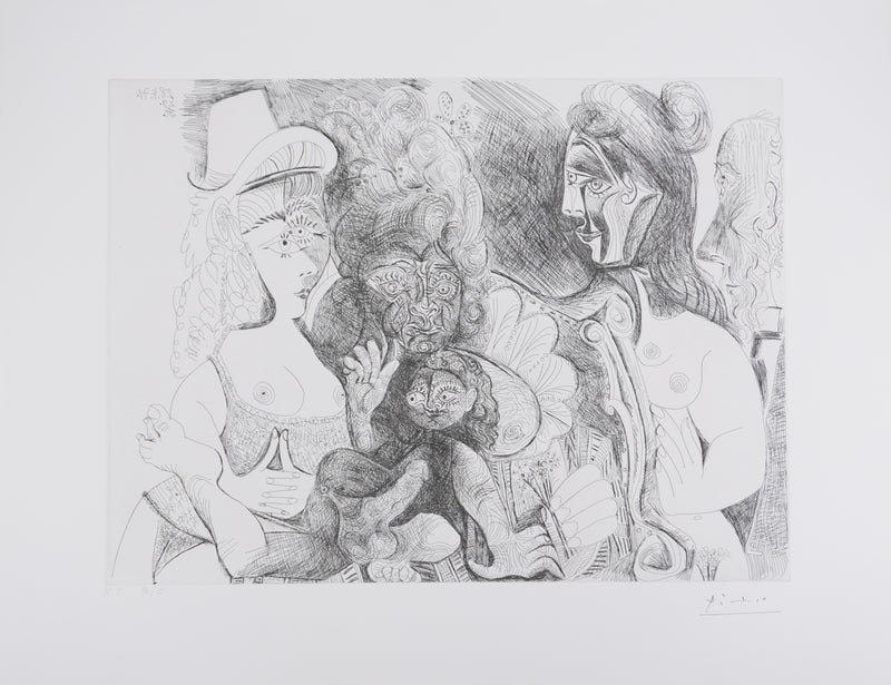 Pablo PICASSO : Les 156, La Fête de la patronne, avec un amour ithyphallique. Degas au nez rouge, Gravure originale signée