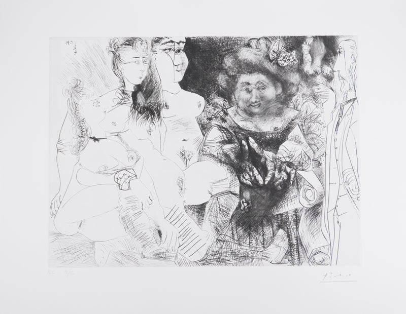 Pablo PICASSO : Les 156, La Patronne faiseuse d’anges, avec trois filles. Degas aux mains dans le dos, Gravure originale signée