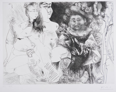 Pablo PICASSO : Les 156, La Patronne faiseuse d’anges, avec trois filles. Degas aux mains dans le dos, Gravure originale signée