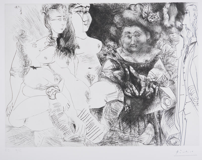 Pablo PICASSO : Les 156, La Patronne faiseuse d’anges, avec trois filles. Degas aux mains dans le dos, Gravure originale signée