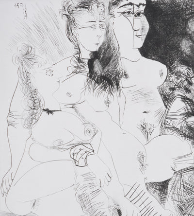 Pablo PICASSO : Les 156, La Patronne faiseuse d’anges, avec trois filles. Degas aux mains dans le dos, Gravure originale signée
