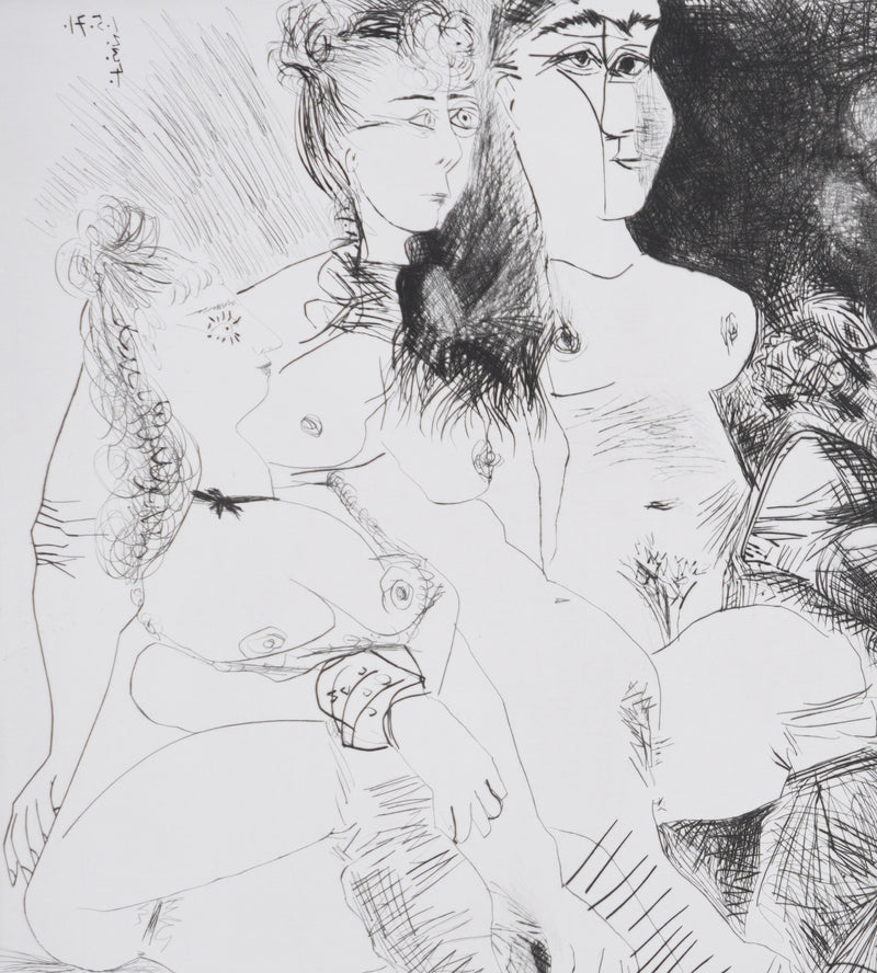 Pablo PICASSO : Les 156, La Patronne faiseuse d’anges, avec trois filles. Degas aux mains dans le dos, Gravure originale signée