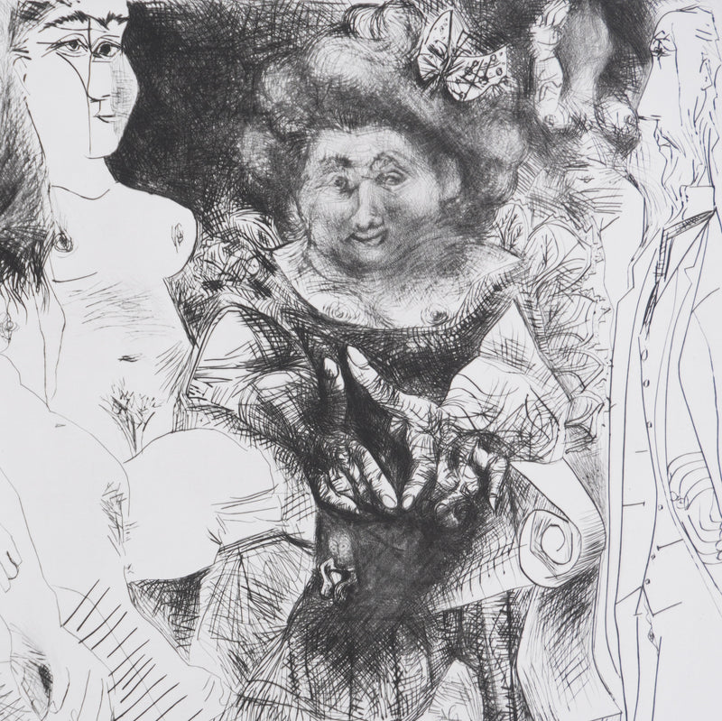 Pablo PICASSO : Les 156, La Patronne faiseuse d’anges, avec trois filles. Degas aux mains dans le dos, Gravure originale signée