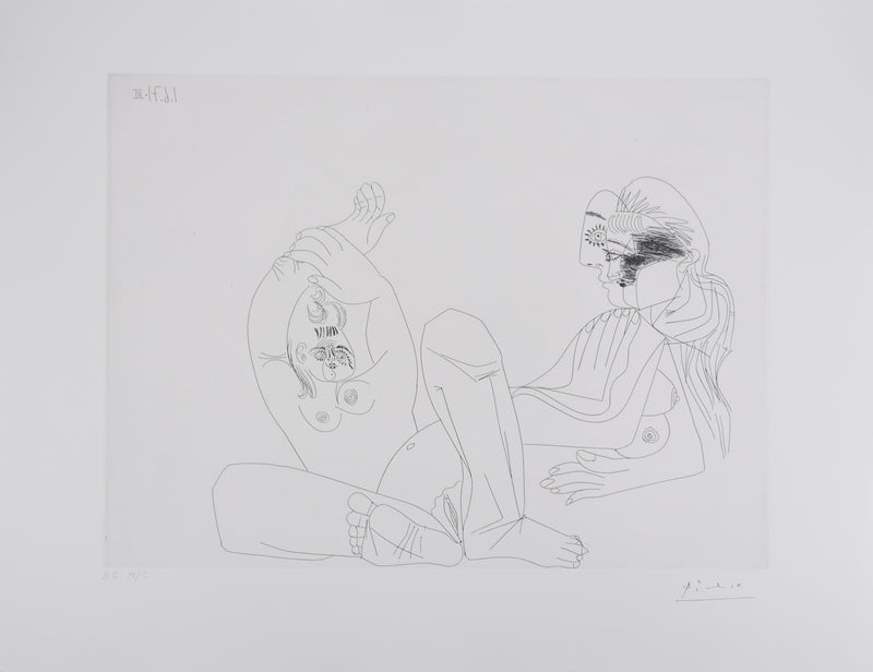 Pablo PICASSO : Les 156, Deux femmes, une en raccourci..., Gravure originale signée