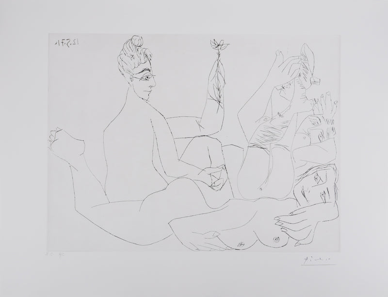 Pablo PICASSO : Les 156, Filles entre elles, dont une avec une fleur, Gravure originale signée