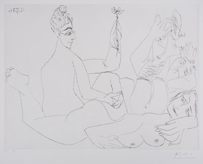 Pablo PICASSO : Les 156, Filles entre elles, dont une avec une fleur, Gravure originale signée