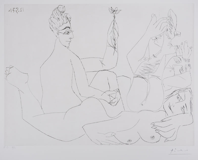 Pablo PICASSO : Les 156, Filles entre elles, dont une avec une fleur, Gravure originale signée