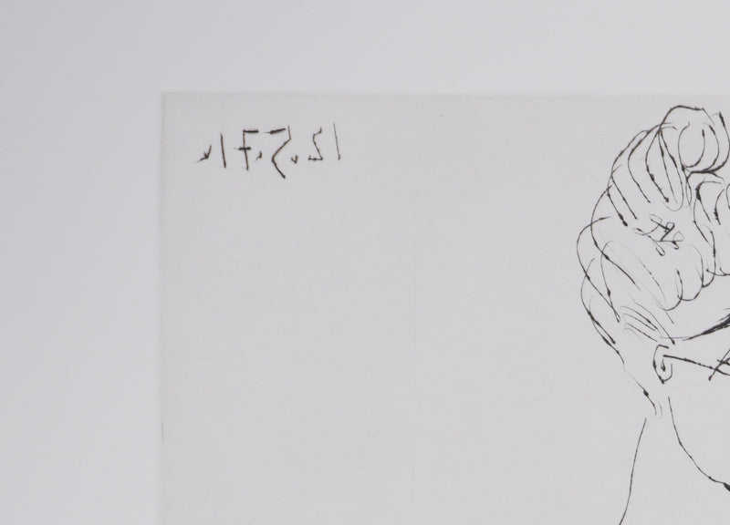 Pablo PICASSO : Les 156, Filles entre elles, dont une avec une fleur, Gravure originale signée