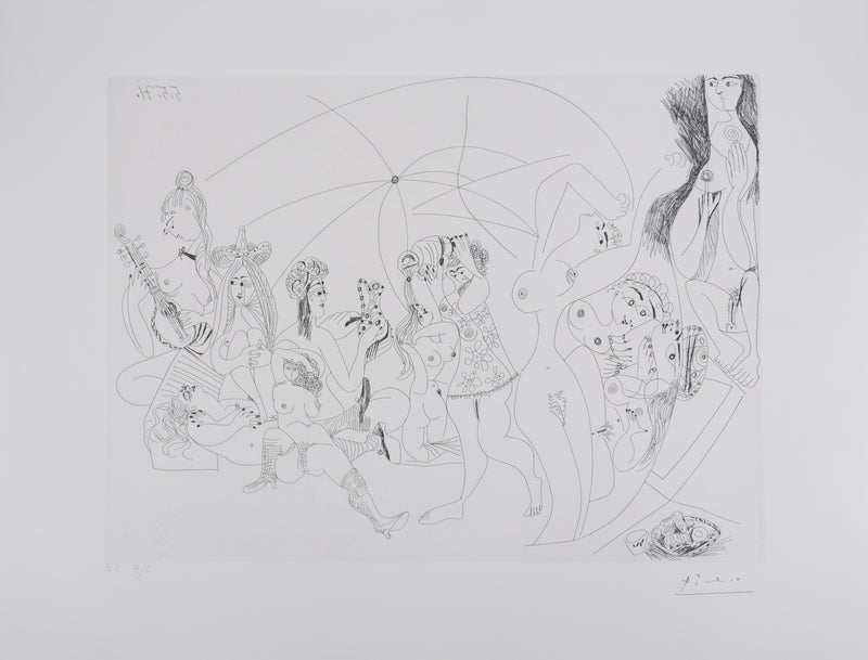 Pablo PICASSO : Les 156, Plaisanterie autour du « Bain turc ». Jeux, musique et gâteaux, Gravure originale signée