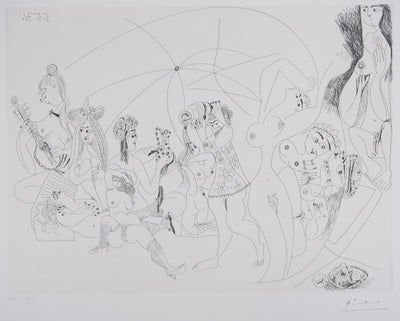 Pablo PICASSO : Les 156, Plaisanterie autour du « Bain turc ». Jeux, musique et gâteaux, Gravure originale signée
