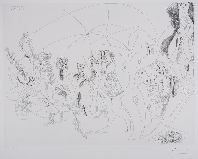 Pablo PICASSO : Les 156, Plaisanterie autour du « Bain turc ». Jeux, musique et gâteaux, Gravure originale signée