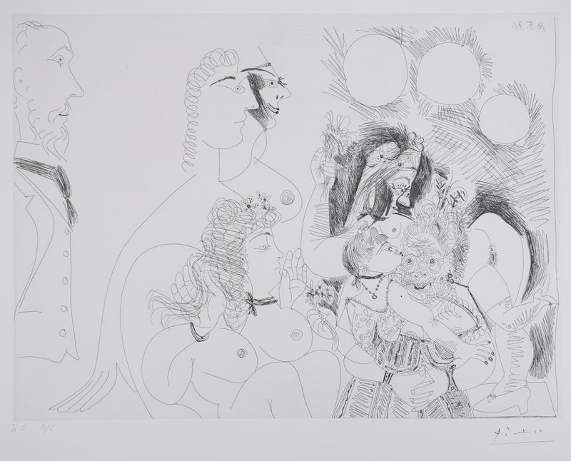 Pablo PICASSO : Les 156, La Fête de la patronne. Fleurs et baisers…, Gravure originale signée