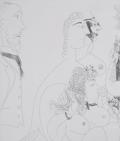 Pablo PICASSO : Les 156, La Fête de la patronne. Fleurs et baisers…, Gravure originale signée