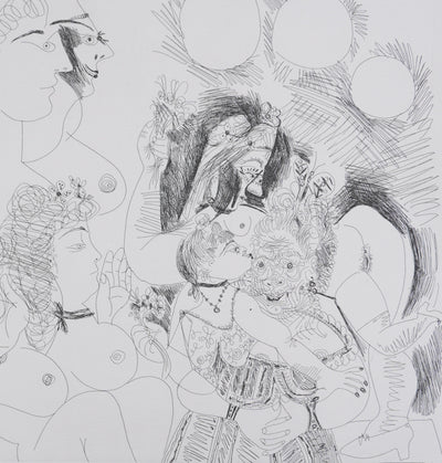 Pablo PICASSO : Les 156, La Fête de la patronne. Fleurs et baisers…, Gravure originale signée