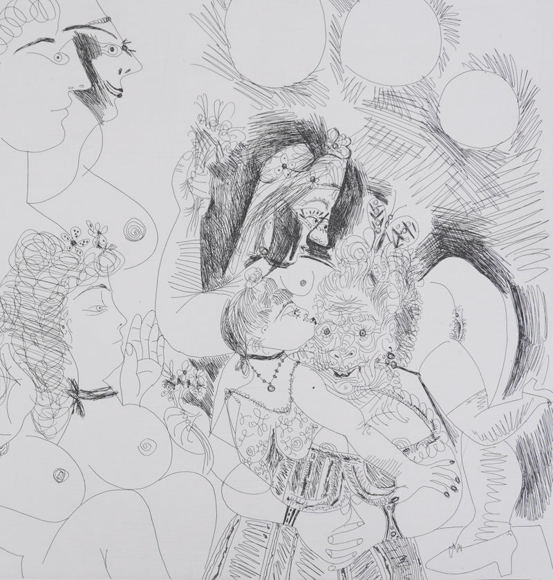Pablo PICASSO : Les 156, La Fête de la patronne. Fleurs et baisers…, Gravure originale signée