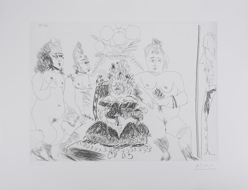 Pablo PICASSO : Les 156, La Maison Tellier. La Fête de la patronne. Degas derrière une vitre, Gravure originale signée