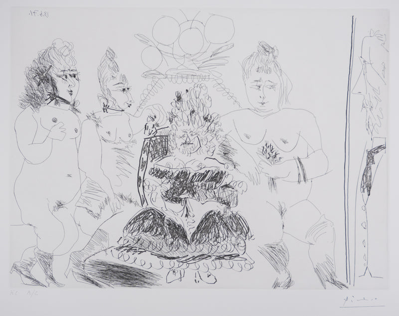Pablo PICASSO : Les 156, La Maison Tellier. La Fête de la patronne. Degas derrière une vitre, Gravure originale signée