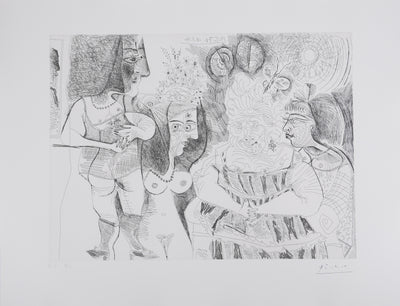 Pablo PICASSO : Les 156, La Fête de la patronne. Petits chiens, fleurs et potins…, Gravure originale signée
