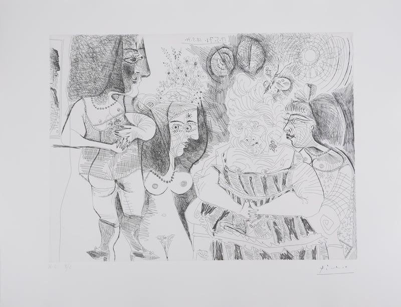 Pablo PICASSO : Les 156, La Fête de la patronne. Petits chiens, fleurs et potins…, Gravure originale signée