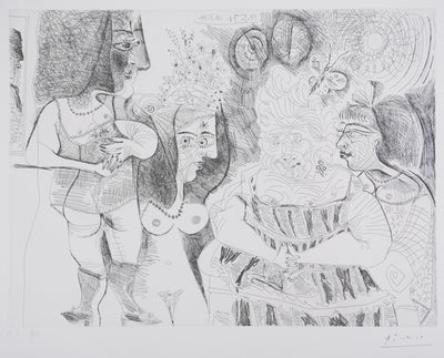 Pablo PICASSO : Les 156, La Fête de la patronne. Petits chiens, fleurs et potins…, Gravure originale signée