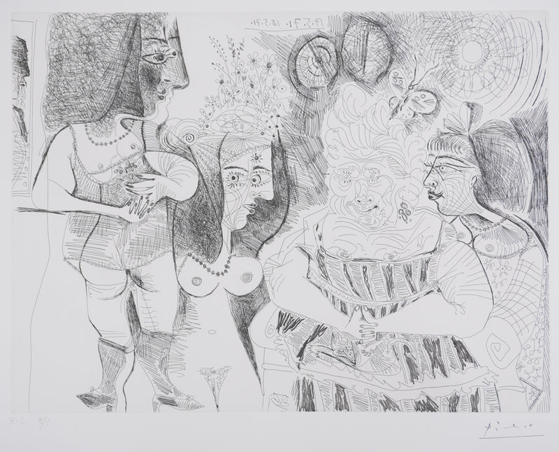 Pablo PICASSO : Les 156, La Fête de la patronne. Petits chiens, fleurs et potins…, Gravure originale signée