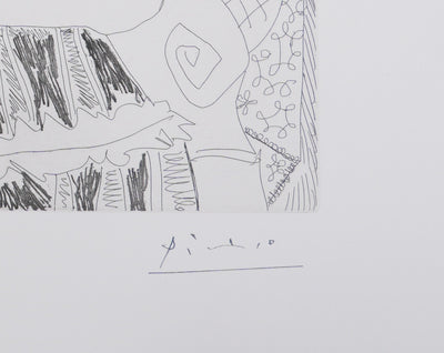 Pablo PICASSO : Les 156, La Fête de la patronne. Petits chiens, fleurs et potins…, Gravure originale signée