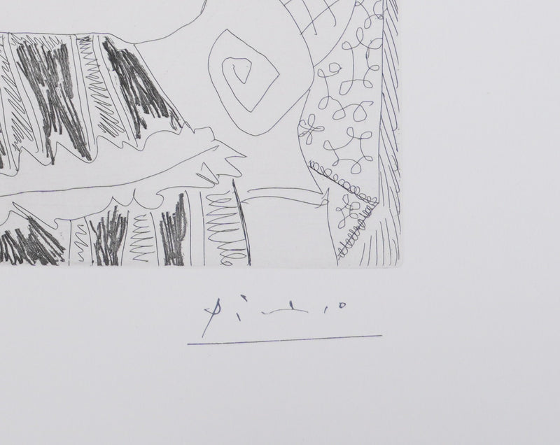 Pablo PICASSO : Les 156, La Fête de la patronne. Petits chiens, fleurs et potins…, Gravure originale signée