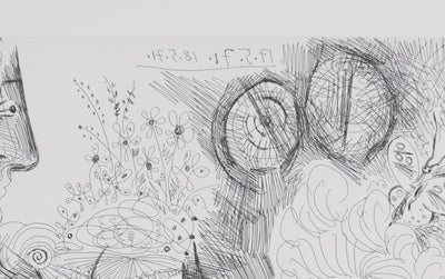 Pablo PICASSO : Les 156, La Fête de la patronne. Petits chiens, fleurs et potins…, Gravure originale signée