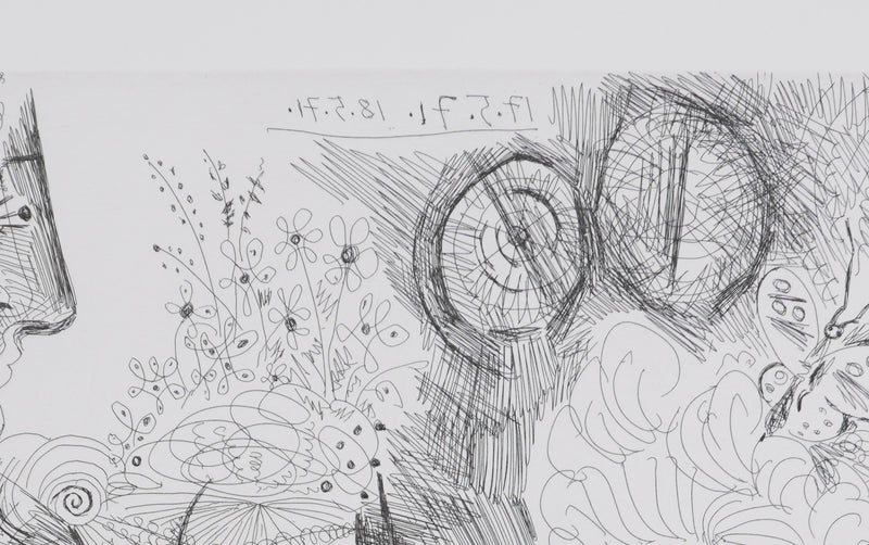 Pablo PICASSO : Les 156, La Fête de la patronne. Petits chiens, fleurs et potins…, Gravure originale signée