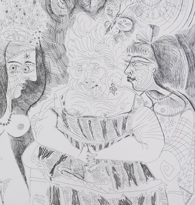 Pablo PICASSO : Les 156, La Fête de la patronne. Petits chiens, fleurs et potins…, Gravure originale signée