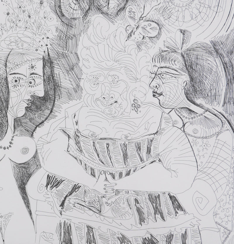Pablo PICASSO : Les 156, La Fête de la patronne. Petits chiens, fleurs et potins…, Gravure originale signée