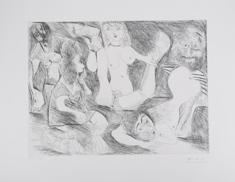 Pablo PICASSO : Les 156, Bain de minuit. Femmes surprises par un marin hilare, Gravure originale signée