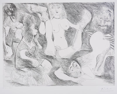 Pablo PICASSO : Les 156, Bain de minuit. Femmes surprises par un marin hilare, Gravure originale signée