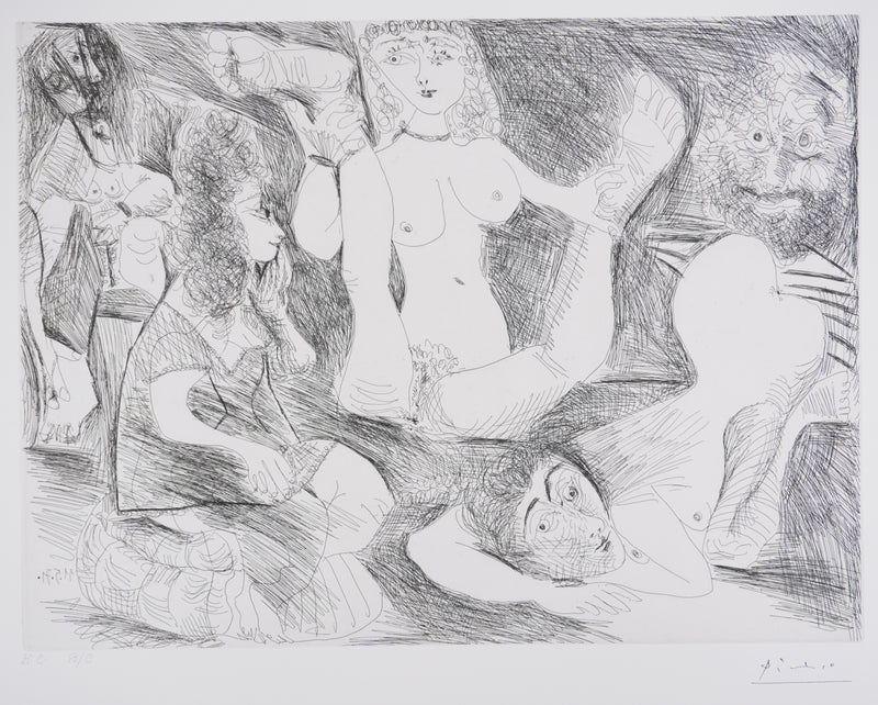 Pablo PICASSO : Les 156, Bain de minuit. Femmes surprises par un marin hilare, Gravure originale signée