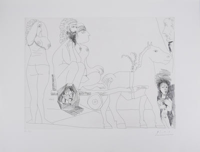 Pablo PICASSO : Les 156, Degas rêvant. Couple en charrette sicilienne…, Gravure originale signée