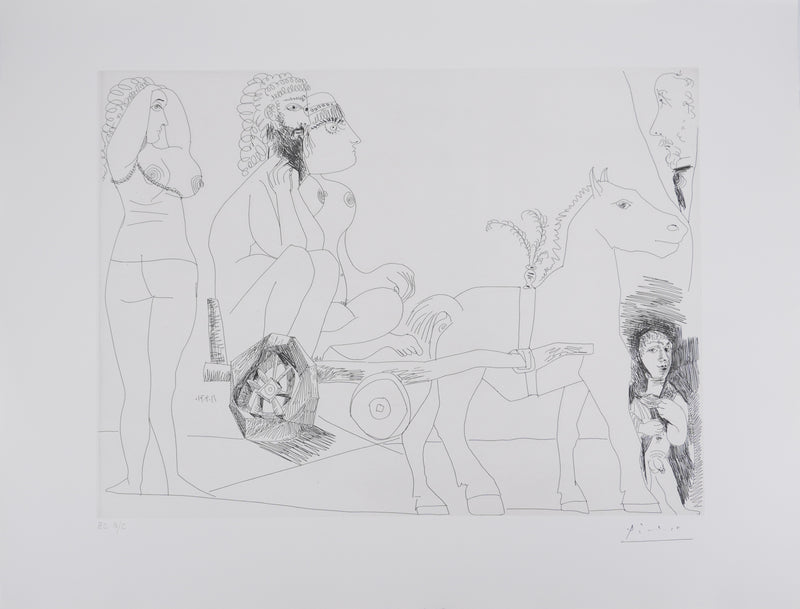 Pablo PICASSO : Les 156, Degas rêvant. Couple en charrette sicilienne…, Gravure originale signée