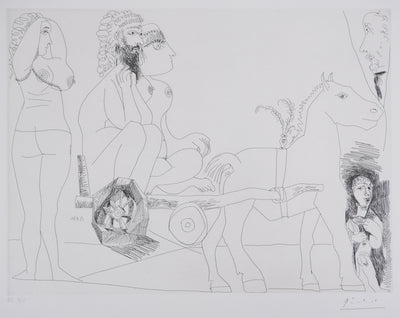 Pablo PICASSO : Les 156, Degas rêvant. Couple en charrette sicilienne…, Gravure originale signée