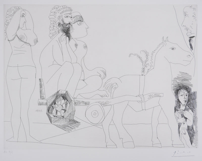 Pablo PICASSO : Les 156, Degas rêvant. Couple en charrette sicilienne…, Gravure originale signée