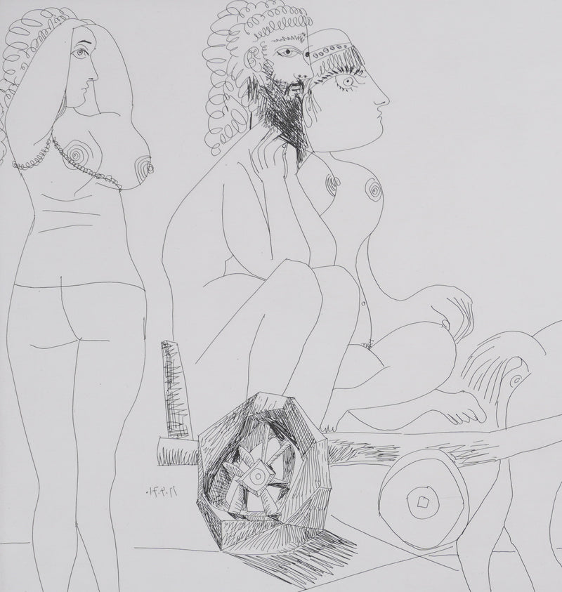Pablo PICASSO : Les 156, Degas rêvant. Couple en charrette sicilienne…, Gravure originale signée