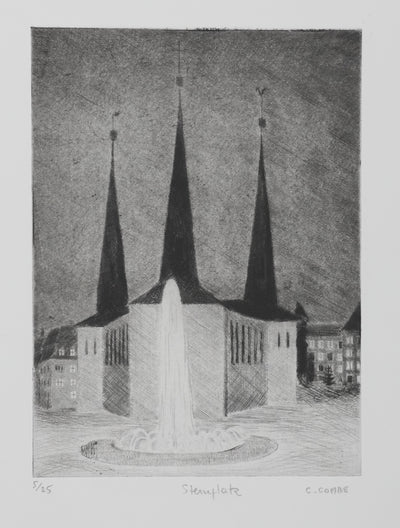 Camille COMBE :  Wilhelusplatz, Gravure originale signée