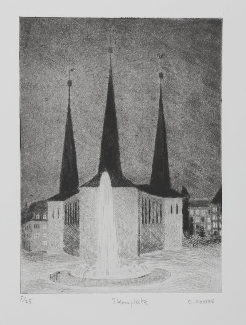 Camille COMBE :  Wilhelusplatz, Gravure originale signée