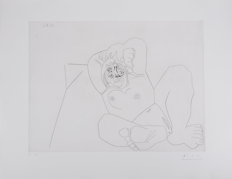 Pablo PICASSO : Les 156, Femme au grand nez, en raccourci sur un lit, Gravure originale signée