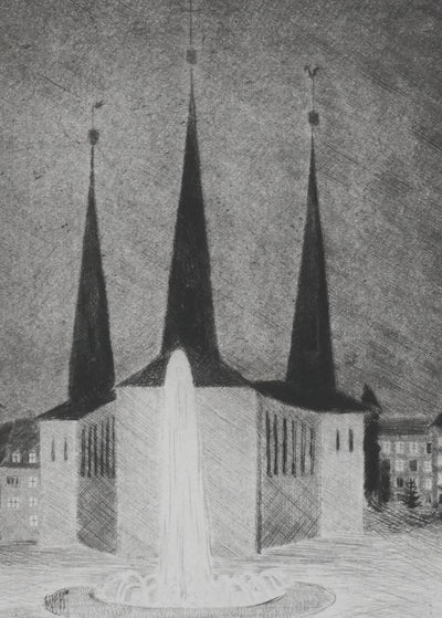 Camille COMBE :  Wilhelusplatz, Gravure originale signée
