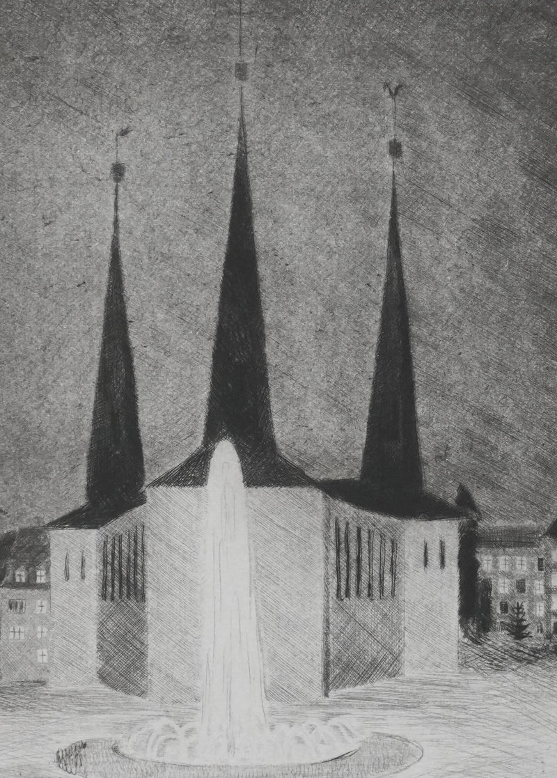 Camille COMBE :  Wilhelusplatz, Gravure originale signée