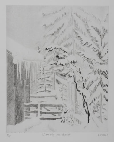 Camille COMBE : L'arrivée au chalet, Gravure originale signée