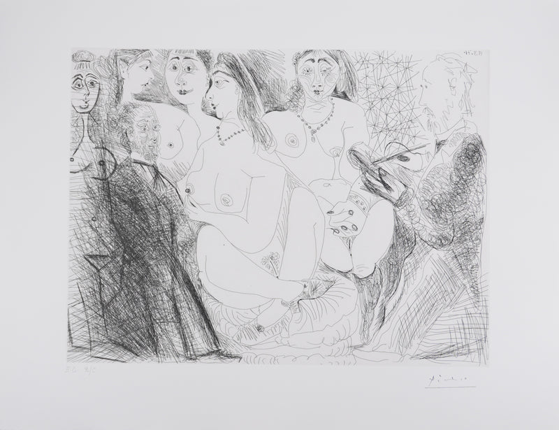 Pablo PICASSO : Les 156, Degas, en jaquette, se dessinant lui-même…, Gravure originale signée