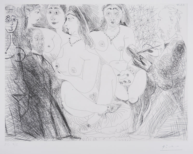 Pablo PICASSO : Les 156, Degas, en jaquette, se dessinant lui-même…, Gravure originale signée