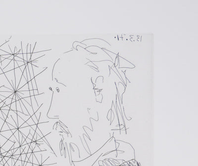 Pablo PICASSO : Les 156, Degas, en jaquette, se dessinant lui-même…, Gravure originale signée